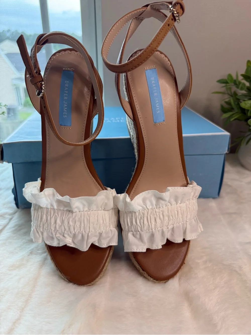 NWT - Draper James White Ruffle Espadrille Wedges with Tan Straps - Sizes 8, 7.5